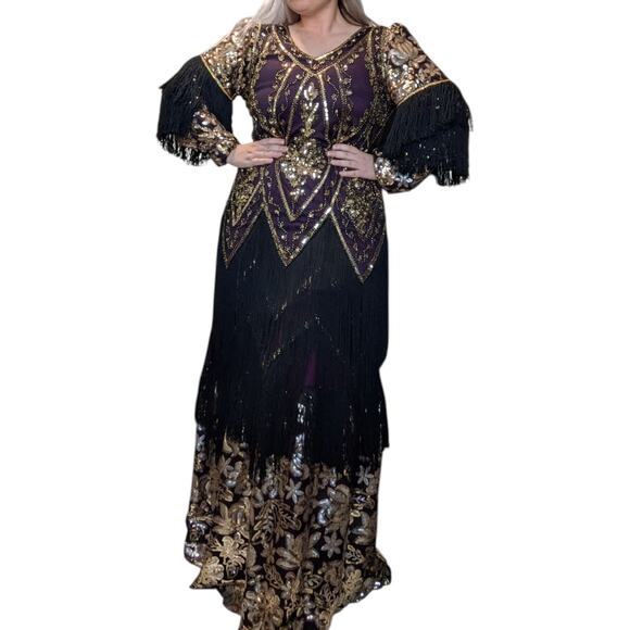 Vintage Sequin Fringe Formal Maxi Dress Black Gold Plum Purple Womens Large Art - Picture 1 of 7